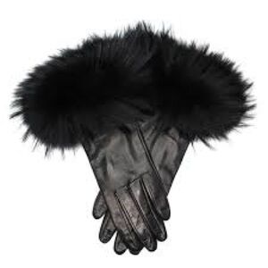 Maniere De Voir Black Leather Gloves with Fur Trim